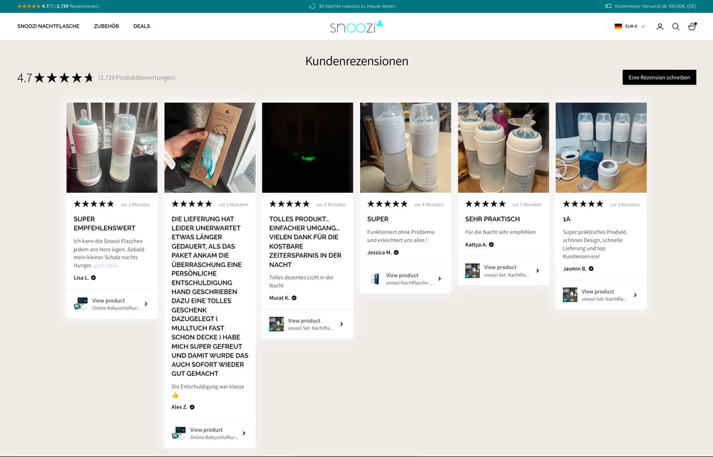 Kundenrezensionen mit fünf Sternen und Texten über ein Produkt, mit Fotos von Flaschen.