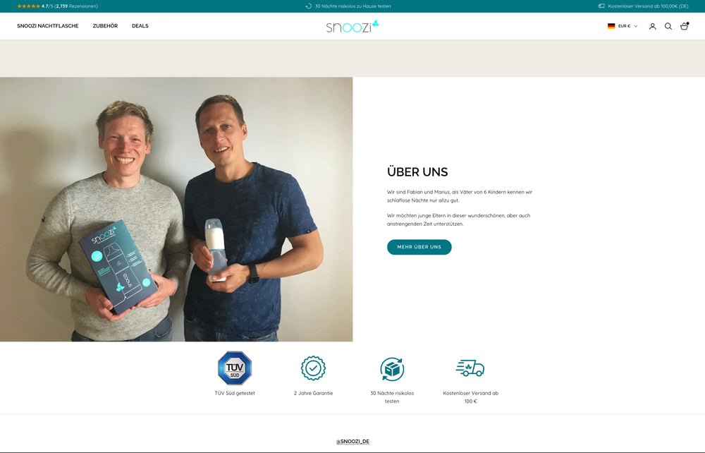 Two people smiling, holding products against a plain background. Text: ÜBER UNS.