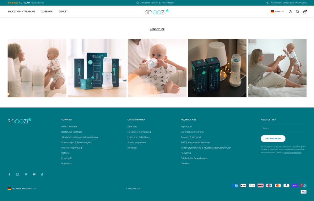 Page footer with images of babies and bottles, and company info in German.
