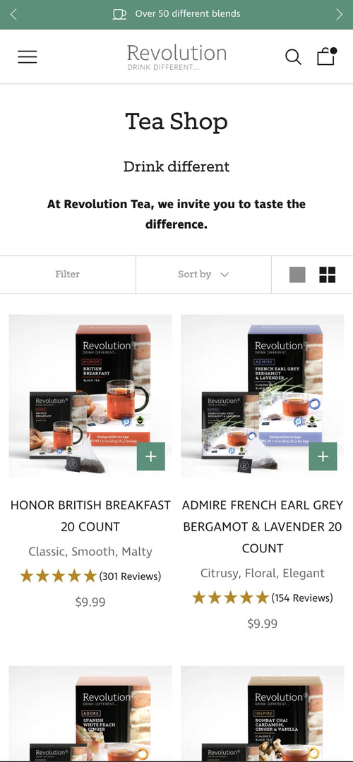 Teeladen-Seite mit Sortieroptionen und verschiedenen Teesorten zu $9.99.