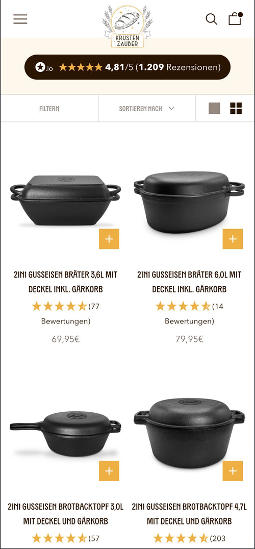 Vier Gusseisen Bräter mit Bewertungen und Preisen, Gesamtbewertung oben 4.81 Sterne.