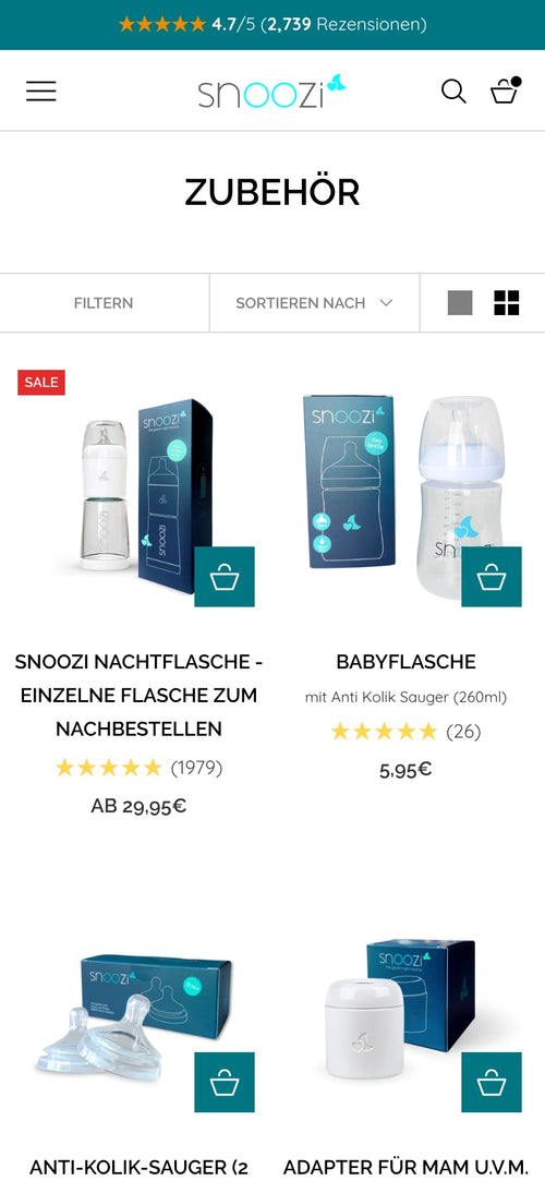 Produktseite mit Nachtflasche, Babyflasche und weiteren Zubehörartikeln mit Preisen.