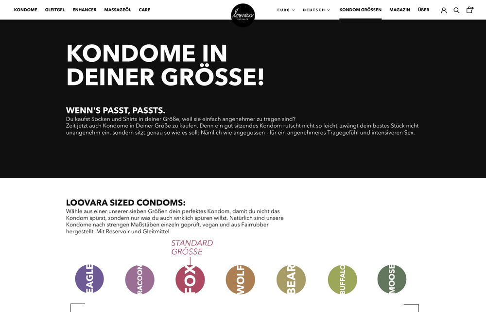 Text: Kondome in deiner Größe! Erklärung der Größen mit farbigen Symbolen darunter.