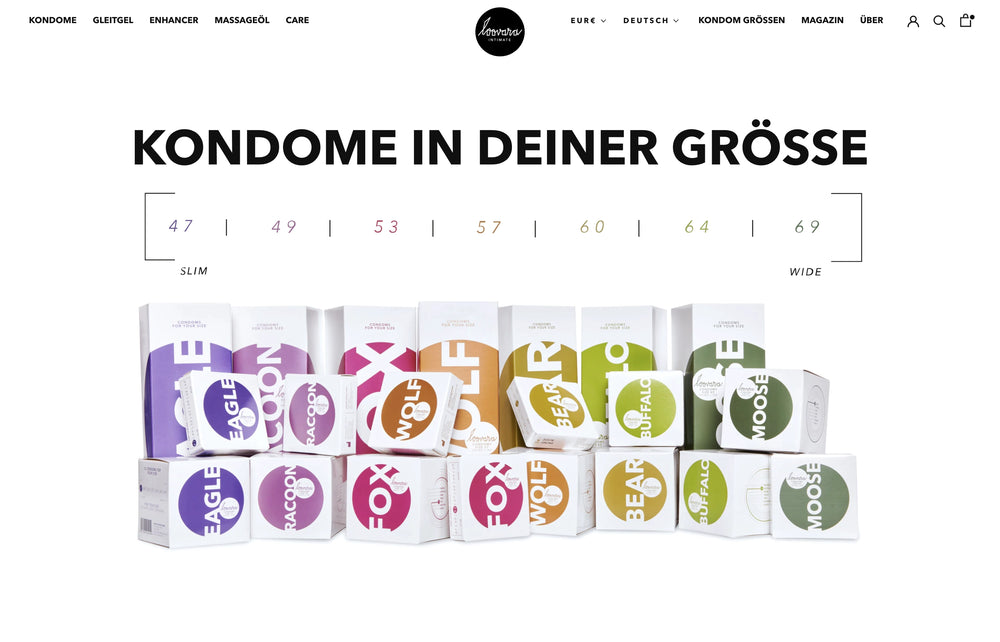 Verschiedene Kondomverpackungen mit Größen von 47 bis 69.