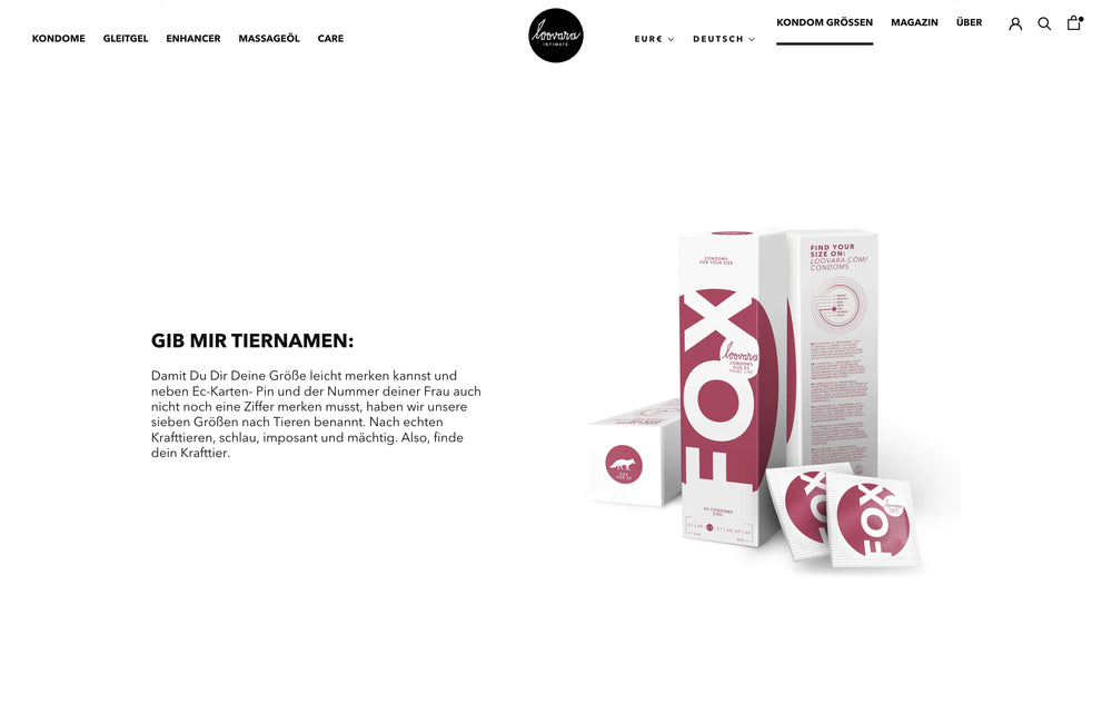 Produktverpackungen mit Text: Gib mir Tiernamen. Kurze Beschreibung neben den Boxen.