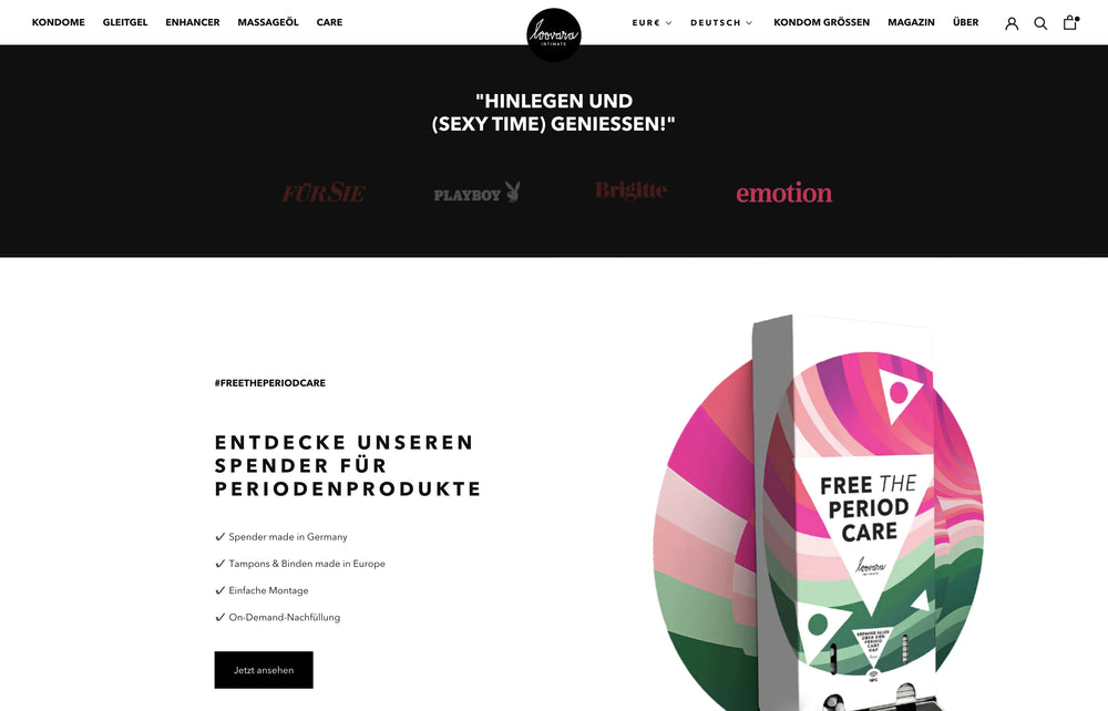 Text oben: Hinlegen und (sexy time) genießen! Spender für Periodenprodukte unten.