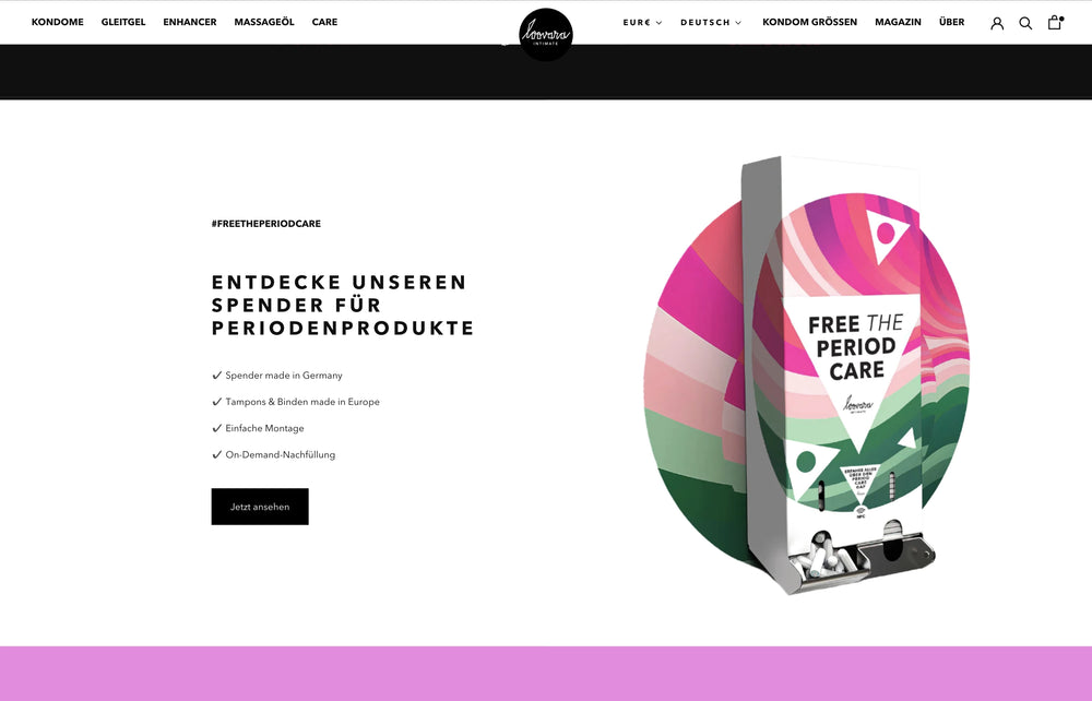 Text: Entdecke unseren Spender für Periodenprodukte. Spender mit bunter Hülle rechts.