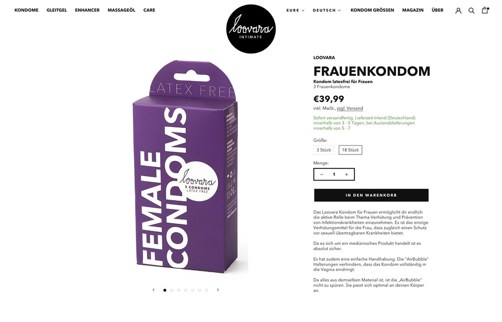 Lila Packung mit der Aufschrift FEMALE CONDOMS, Preis 39,99 €.