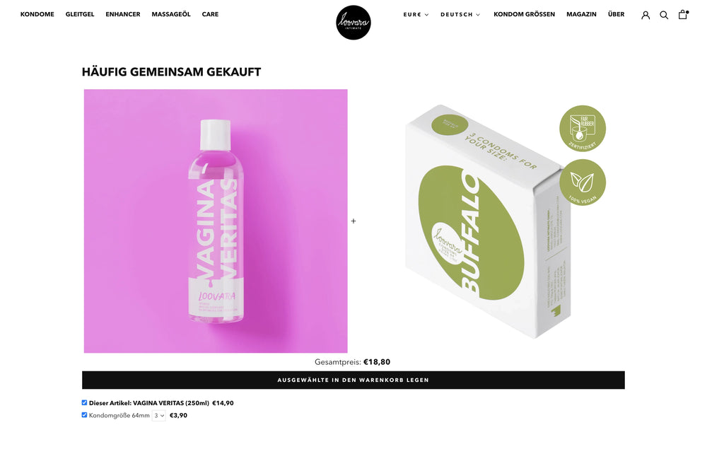 Vagina Veritas Gel und Buffalo Kondom Box. Text: Häufig gemeinsam gekauft, Preis darunter.