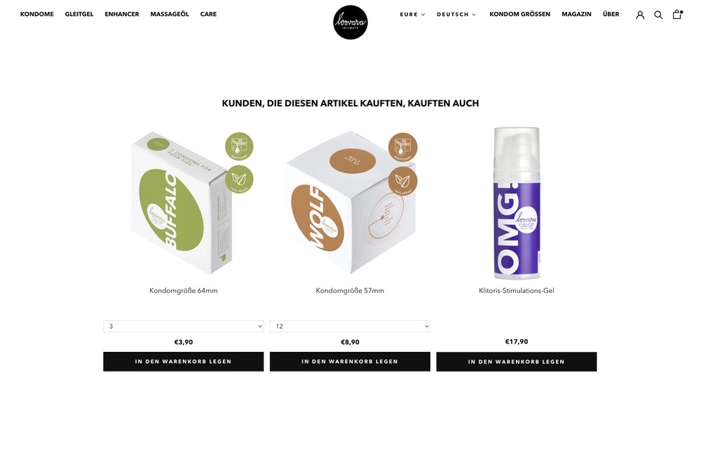 Drei Produkte: Kondomgrößen 46mm und 57mm Boxen, OMG Stimulation Gel. Preise darunter.