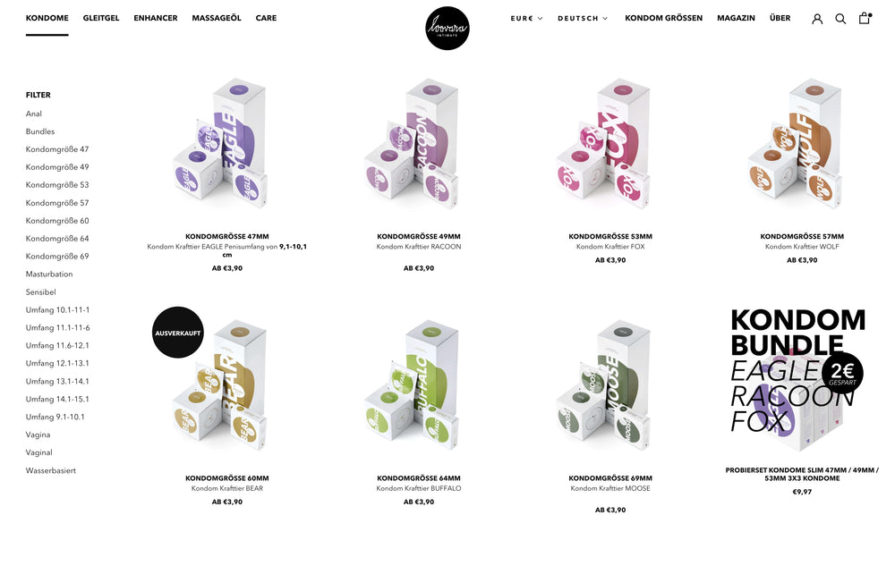 Verschiedene Kondomgrößen in Schachteln, Text 'Kondom Bundle'.