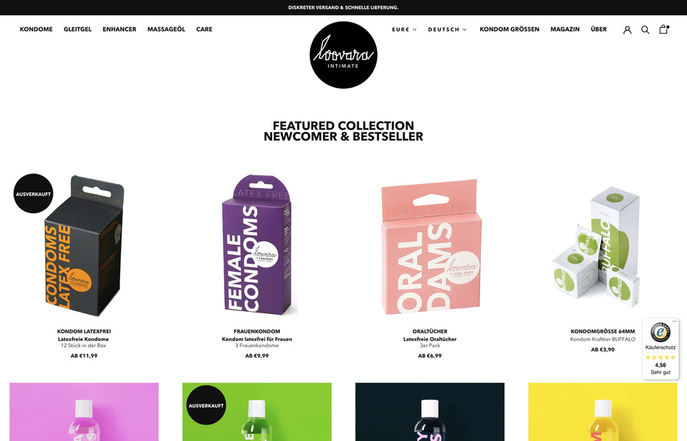 Produktübersicht: Kondome, oral dams, Kondomgrößen-Set.