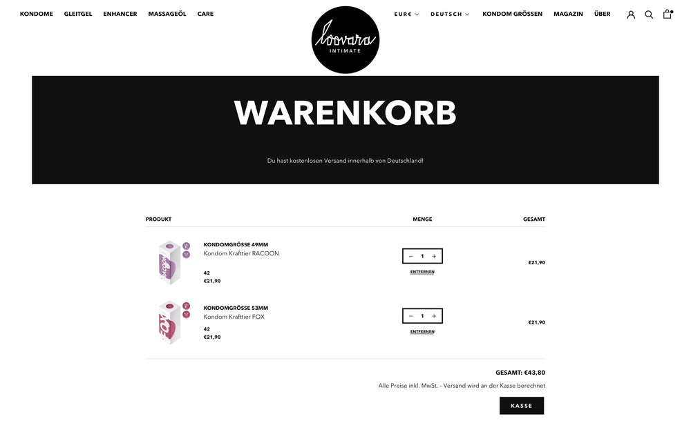 Warenkorbseite mit zwei Kondom-Größen, Gesamtsumme 24,60 €.