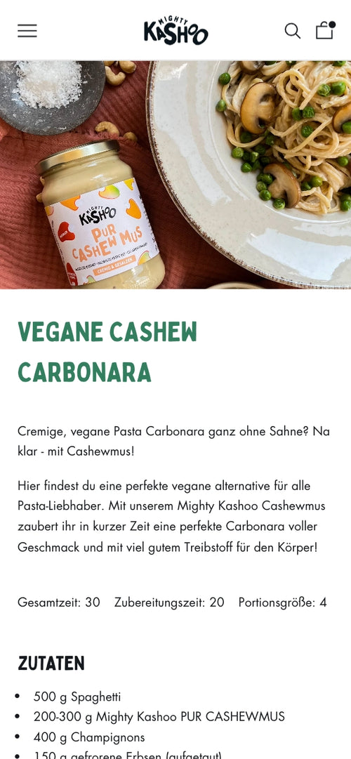 Vegane Cashew Carbonara, Zutatenliste: Spaghetti, Cashewmus, Champignons.