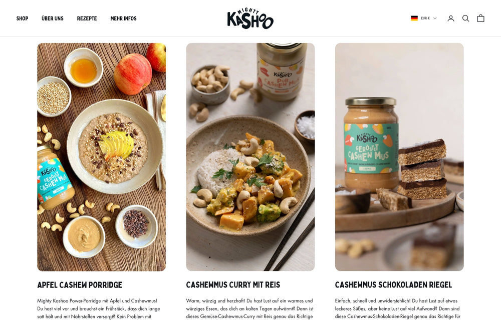 Teller mit Apfel Cashew Porridge, Curry mit Reis und Schokoladenriegel aus Cashewmus.