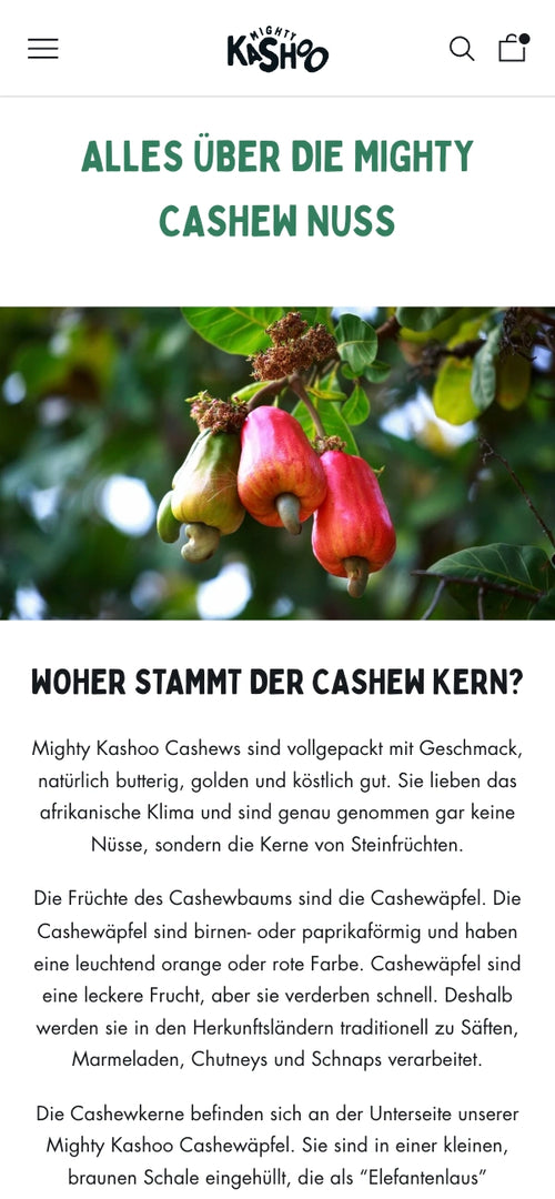 Cashewfrüchte in Rot und Grün am Baum hängend mit erklärendem Text darüber.