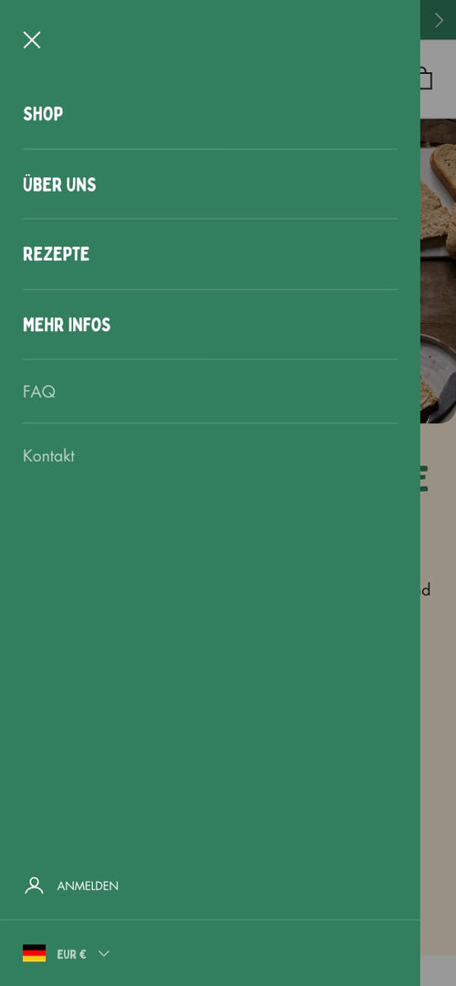 Grünes Menü mit Optionen: Shop, Über Uns, Rezepte, Mehr Infos, Anmelden, EUR.