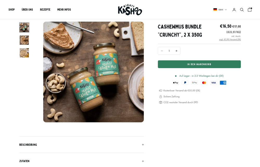 Zwei Gläser Cashewmus mit Brot und Cashewnüssen auf dem Tisch, Text 'Cashewmus Bundle'.