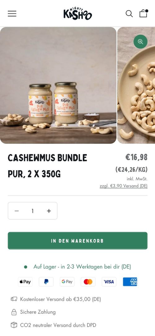 Cashewmus Bundle, 2 Gläser, Preis 16,98€, In den Warenkorb Button, Icons.