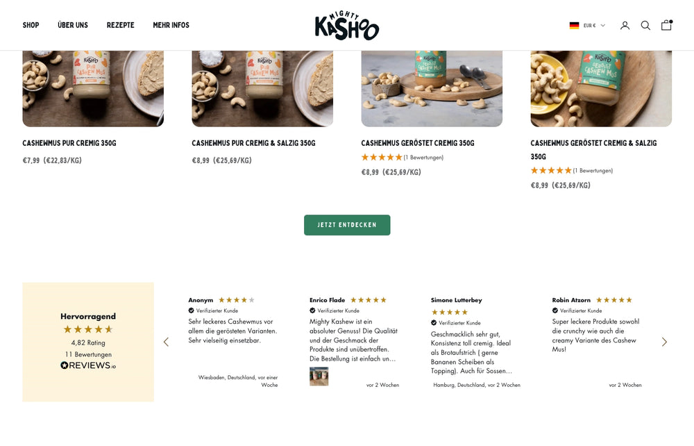 Cashewmus-Produkte mit Kundenbewertungen und Sternebewertungen.