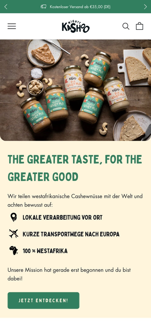 Ansichten von Cashewmus-Gläsern, einfacher Transport, Text über Nachhaltigkeit.