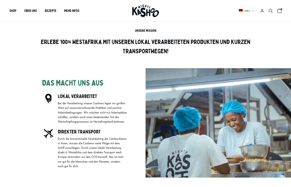 Arbeiter in Fabrik mit Cashewkernen, Text über lokale Verarbeitung.