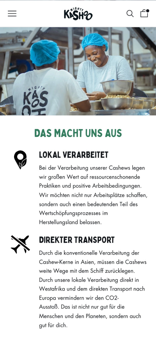 Zwei Personen in Arbeitskleidung, Text über lokale Verarbeitung und Transport.