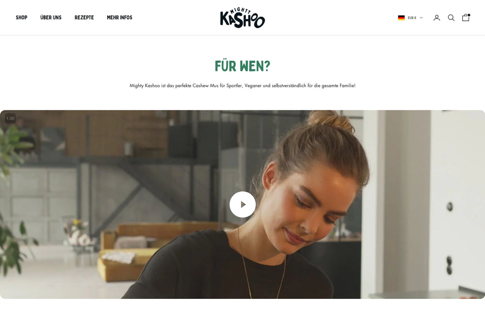 Frau mit Hochsteckfrisur bereitet Essen zu, Text 'Für wen?' im kleinen Video.