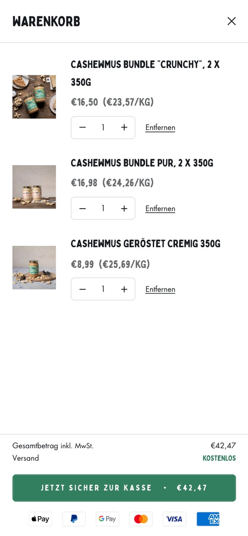 Warenkorb mit Cashewmus-Produkten, Preisangaben und Zahlungsoptionen.