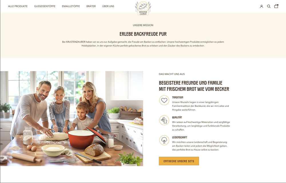 Familie beim Backen am Tisch, roter Topf und Backzutaten auf dem Tisch verteilt.