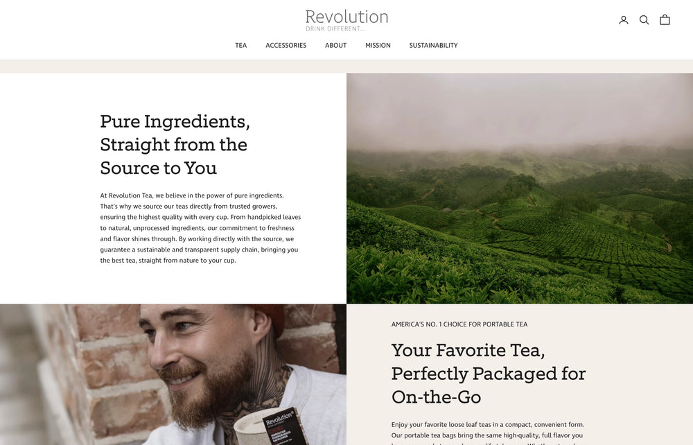 Seite mit Text zu natürlichen Zutaten und tragbarem Tee, Bild eines Mannes mit Teepackung.