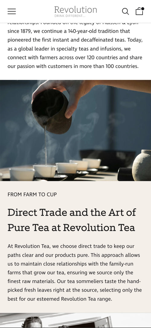 Person gießt Tee in Teetassen; Text über direkten Handel und die Kunst des reinen Tees bei Revolution Tea.
