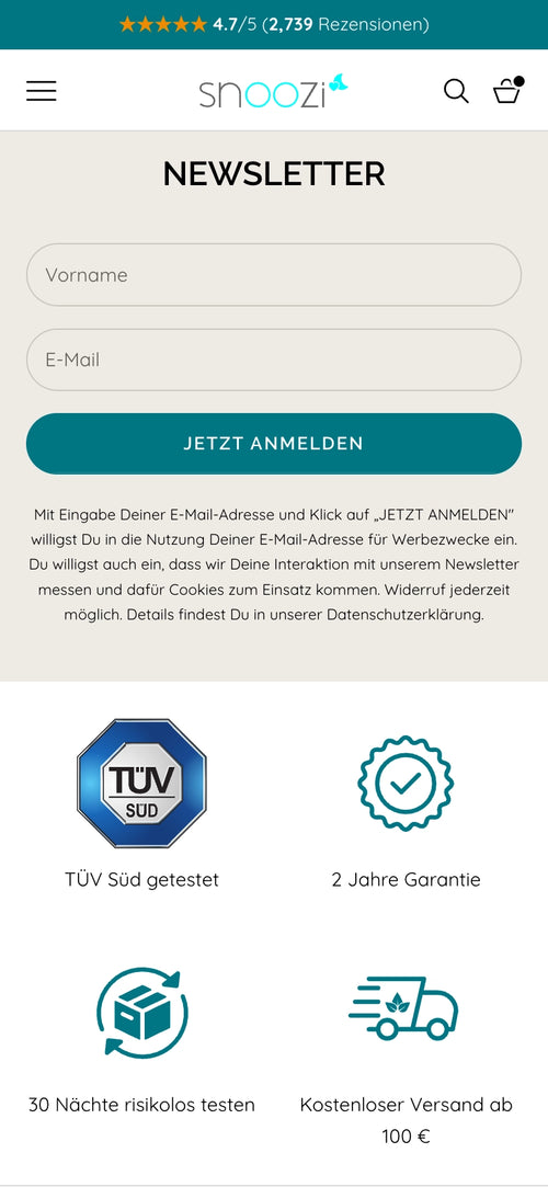 Newsletter-Anmeldung mit Feldern für Vorname und E-Mail. TÜV SÜD geprüft, 2 Jahre Garantie.