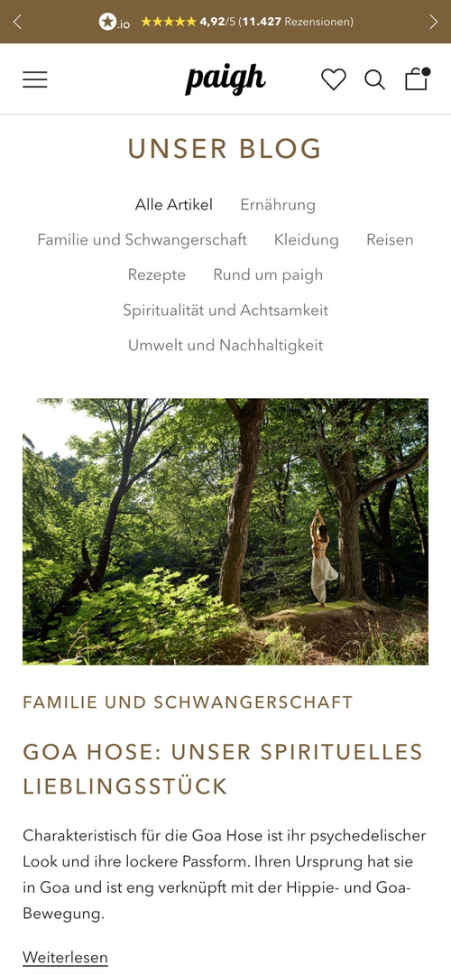 Blogüberschrift 'GOA HOSE: UNSER SPIRITUELLES LIEBLINGSSTÜCK' mit Beschreibung und Bild.
