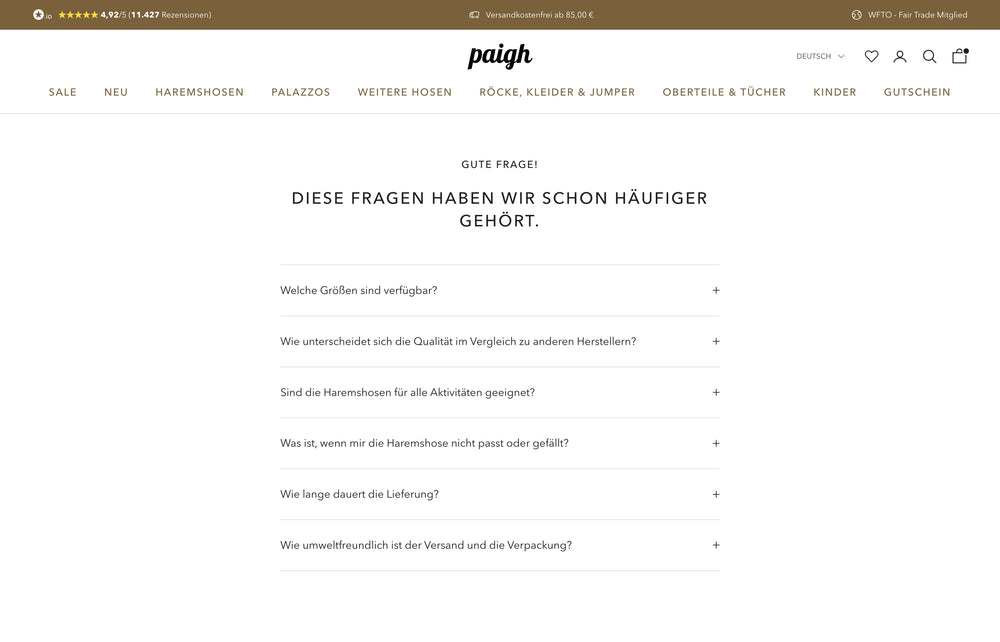 Fragen zu Größen, Qualität, Eignung und Umweltfreundlichkeit erscheinen unter dem Text 'Gute Frage!'.