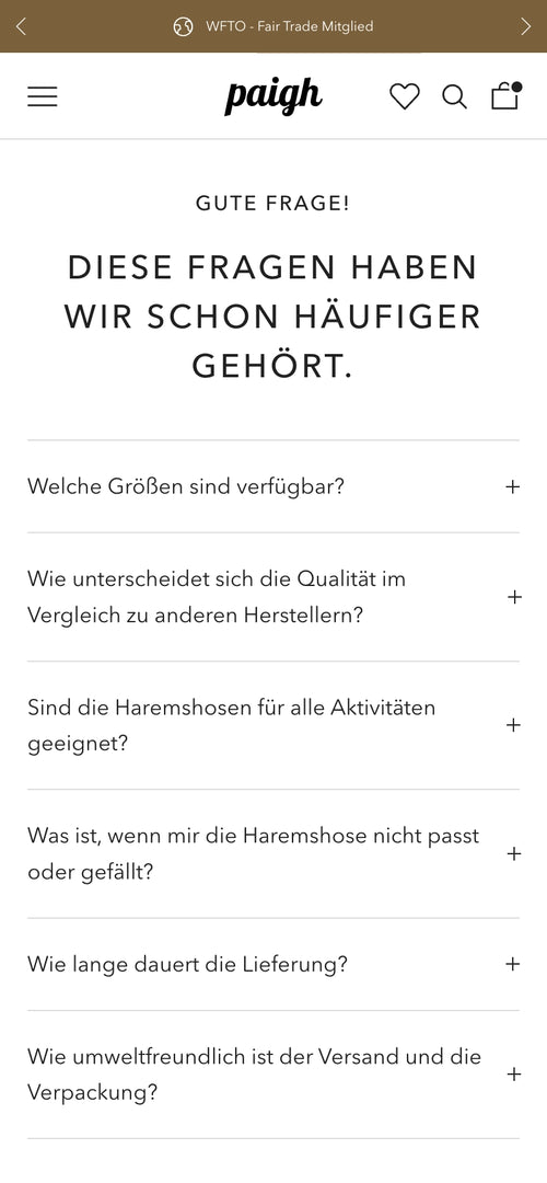 Liste häufig gestellter Fragen zu Größen, Qualität und Versand.