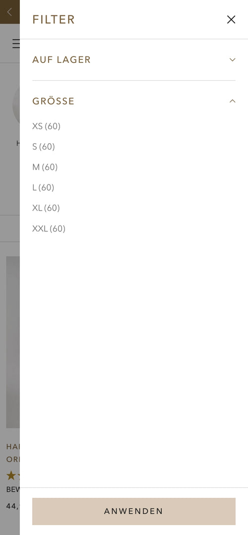 Filtermenü für Größenoptionen von XS bis XXL, auf Lager.