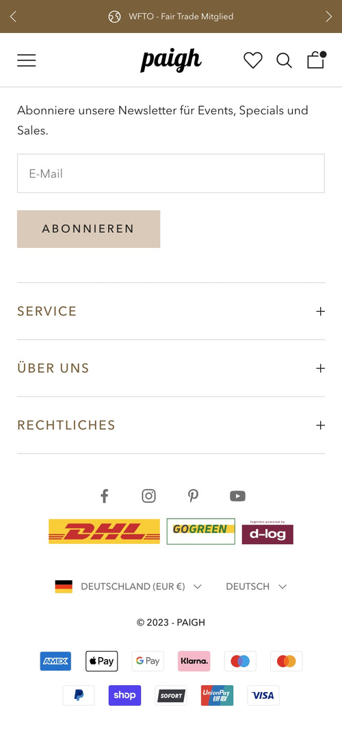 Newsletter-Anmeldung und Zahlungsoptionen mit Logos von Kreditkarten.