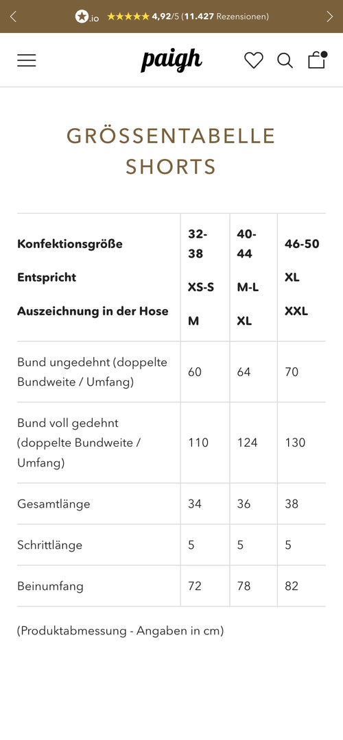 Größentabelle für Shorts mit Größen XS-XXL und Maßangaben in cm.