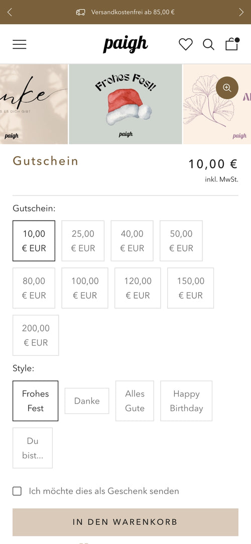 Auswahl an Gutscheinen zwischen 10 € und 200 € mit verschiedenen Styles.