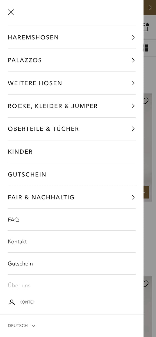 Ein Menü mit Kategorien wie Haremshosen, Palazzos und Röcke, Kleider & Jumper.