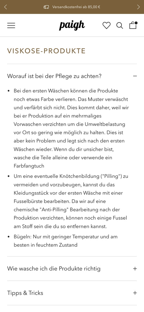 Text zu Pflegehinweisen für Viskose-Produkte, Farbverlust beim Waschen und Vermeidung von Pilling.