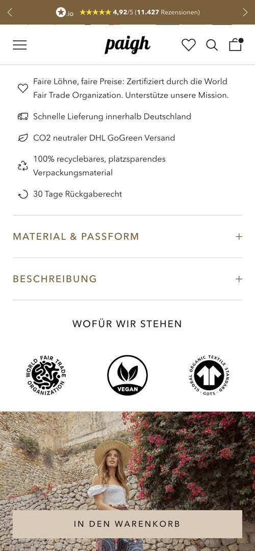 Liste der Nachhaltigkeitsmerkmale der Marke, darunter faire Löhne und CO2-neutraler Versand.