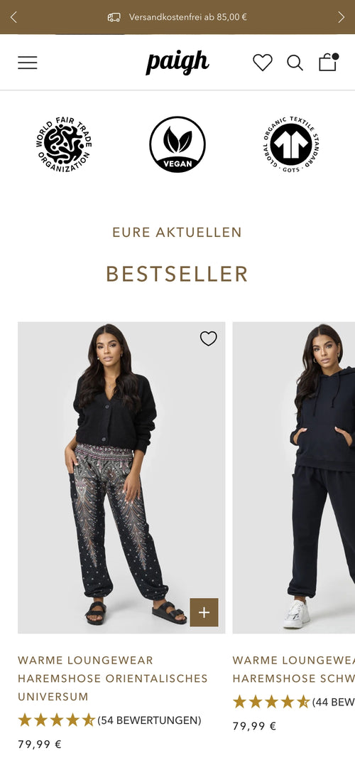 Bestseller-Loungewear mit Haremshosen, faire Produktionsstandards, Zertifizierungen werden gezeigt.