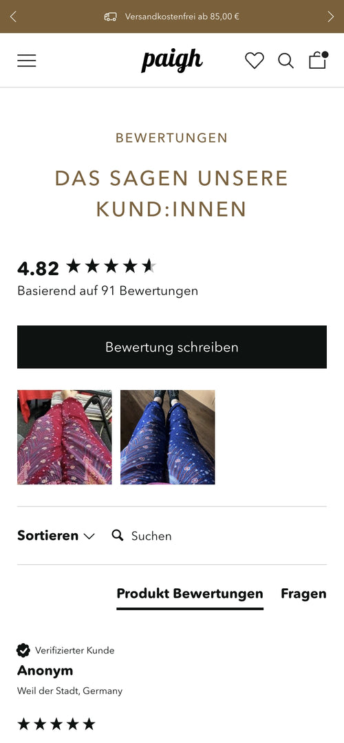 Kundenbewertung mit 4,82 Sternen, zwei Fotos von Personen in Hosen.