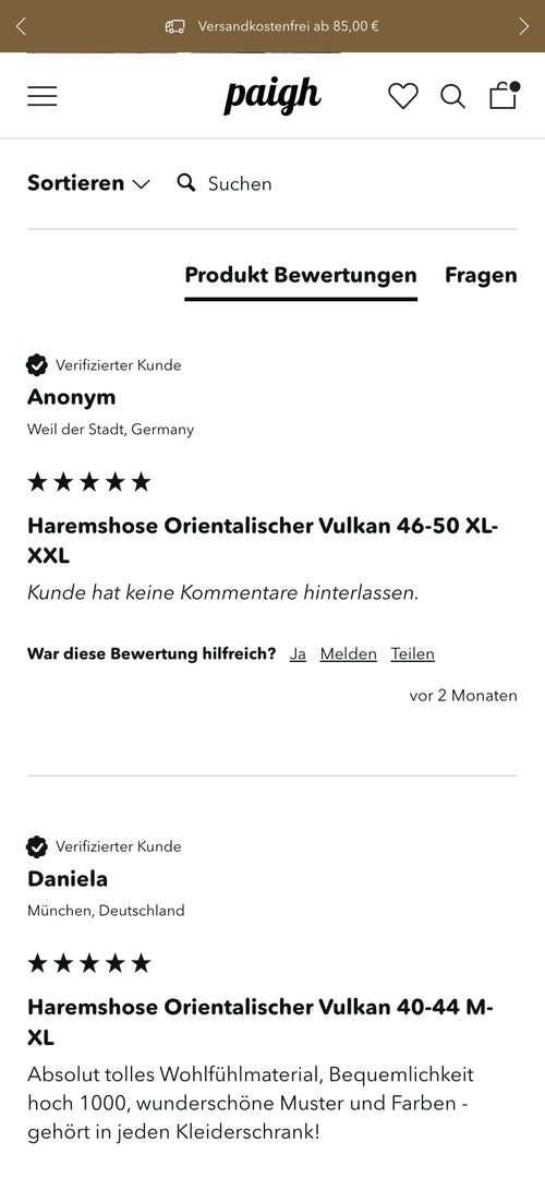 Produktbewertungen von Kunden für Haremshosen mit 5 Sternen, anonyme Bewertungen ohne Kommentare.
