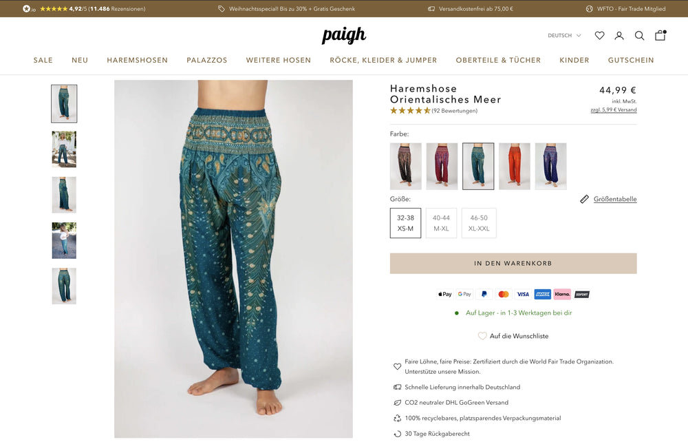 Haremshose Orientalisches Meer in Blau mit Optionen zur Größe und Warenkorb.