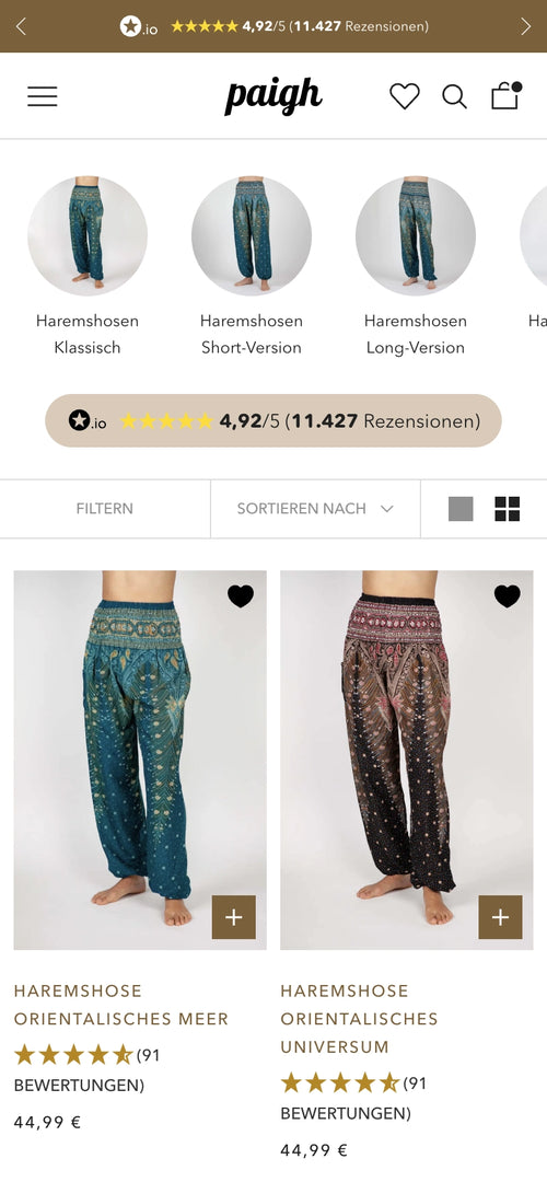Vier Bilder oben von Haremshosen, unten zwei Hosen mit Muster, Preis 44,99 €, Bewertungen.