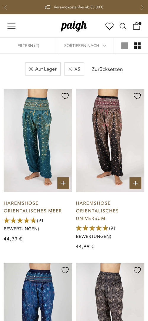Zwei Haremshosen, eine in Blaugrün, die andere in Braun, mit Mustern und Bewertungen, Preis 44,99 €.