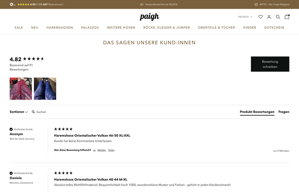 Bewertungen mit durchschnittlicher Bewertung 4.82 Sterne, darunter Kundenfeedback zu Haremshosen.